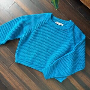 ZARA Chunky Ribbed Knit Blue Sweater Crew Neck Size S